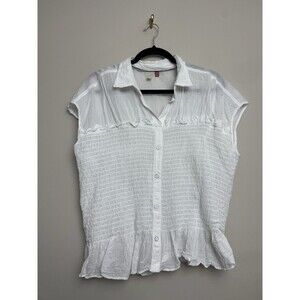 Anthropologie Pilcro Womens Bellamy Top Button Size XL White Shirred Cap Sleeve
